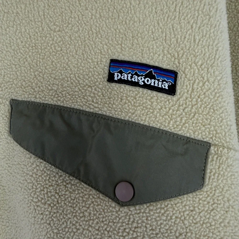 Patagonia Synchilla Snap-T Pullover Mens Small Tan Fleece Olive Green Trim 12536